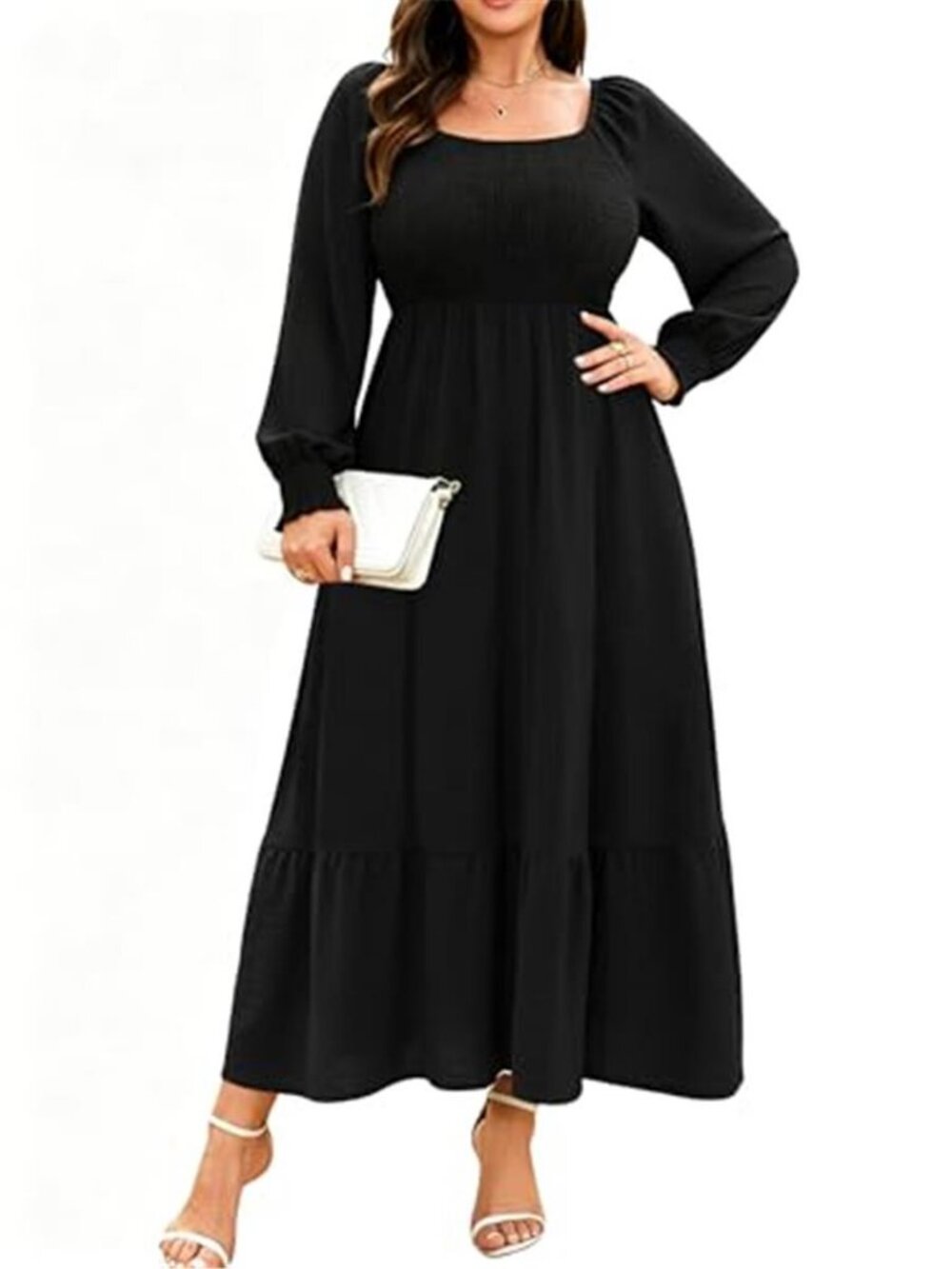 Women Plus Size Fall Dresses Long Sleeve Smocked Boho Floral Maxi Dress